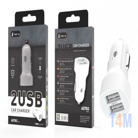 ONE PLUS A5783 DUAL USB CAR CHARGER EMOLGA, 2.4A BRANCO ( 2001781 )